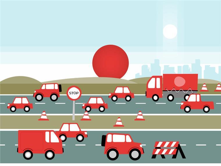 Stau-Alarm! 1. Mai, Brückentag und Rückreiseverkehr: Hier wird es eng Eine Grafik zum Thema Stau. Rote Fahrzeuge sind zu sehen, rote Verkehrsschilder. Am Mittwoch (30. April) und am Sonntag (4. April) dürften die Nachmittage auf den Autobahnen von vielen Staus geprägt sein.
