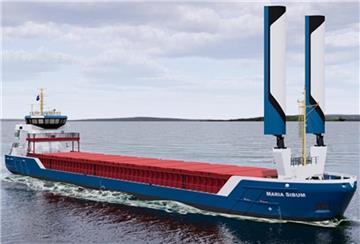 Rendering eines Frachtschiffs der Reederei Sibum mit zwei aufrechten, modernen VentoFoils-Segeln und blau-weiß-rotem Rumpf auf offenem Wasser.