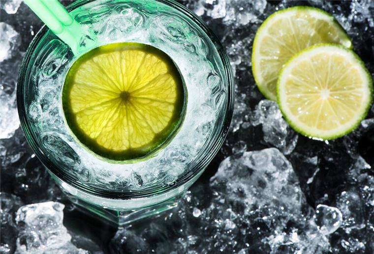 Zitronenscheiben im Glas auf Eis und als Deko.