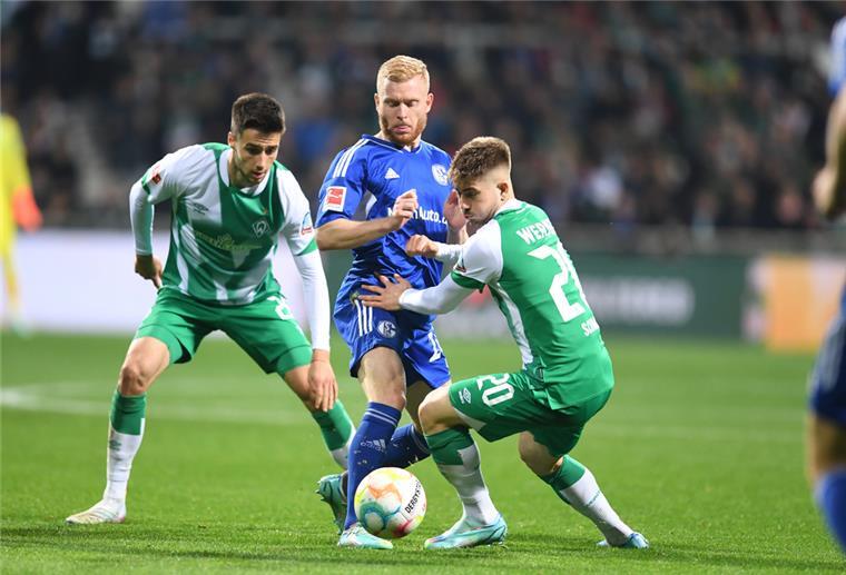 Werder Bremen bestreitet Testspiel in der Schalke-Arena Hier kämpfen Werders Romano Schmid (rechts) und Ilia Gruev (links) gegen Schalkes Florent Mollet um den Ball.