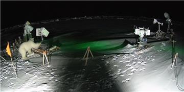 Vorsichtig erkundet ein Eisbär kurz nach Mitternacht die Mess-Station der "Polarstern". 