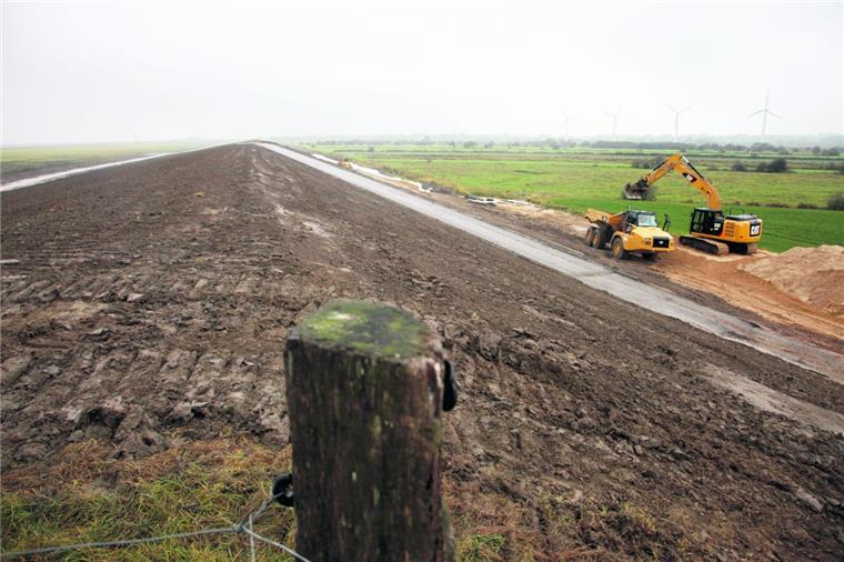 Weil der wechselhafte Sommer beim Deichbau in Dorum-Süderneufeld immer wieder für Unterbrechungen gesorgt hat, ist der neue Deich noch ohne Grasnarbe und damit „schwarz“. 