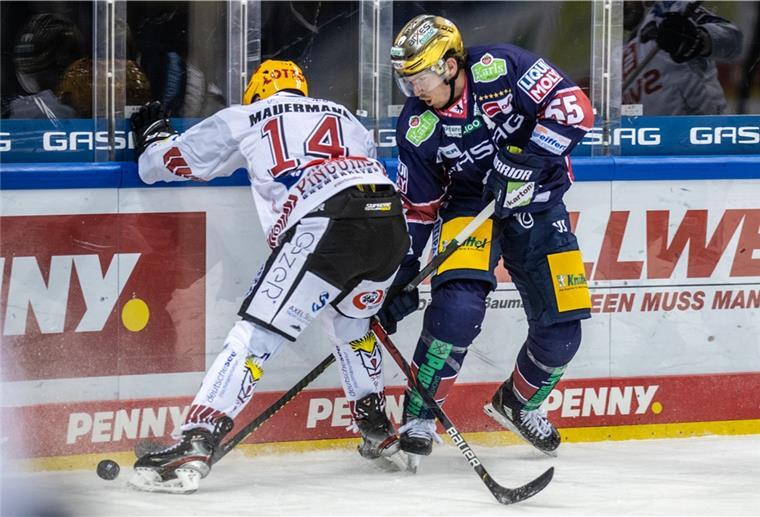 Eishockey: DEL, Eisbären Berlin - Pinguins Bremerhaven, Hauptrunde, Hauptrunde-Partien, 1. Spieltag, Mercedes-Benz Arena. Ross Mauermann (l) von Pinguins Bremerhaven kämpft gegen Berlins John Ramage um den Puck.