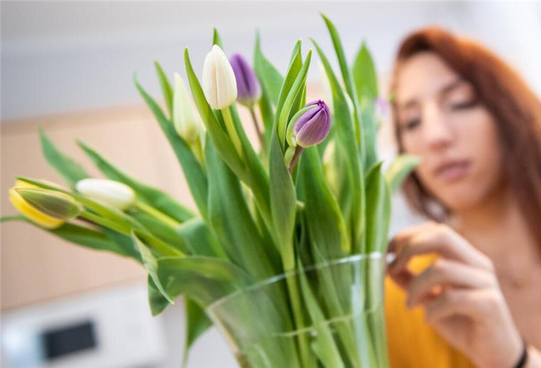 Eine Frau betrachtet einen Tulpenstrauß. 
