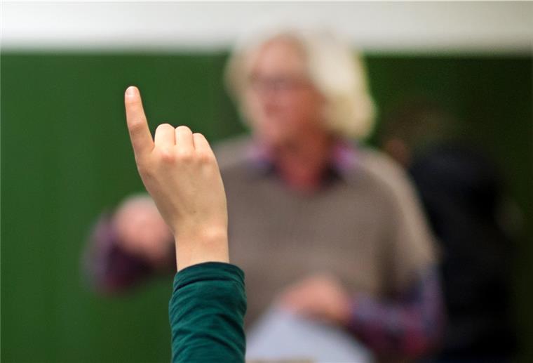 Hauptschullehrer fordert gleiche Bezahlung für alle Lehrer Ein Kind meldet sich, im Hintergund steht ein Lehrer vor einer grünen Tafel.