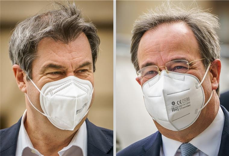 Laschet oder Söder: Die Entscheidung naht Markus Söder (CSU, l), Ministerpräsident von Bayern und CSU-Vorsitzender, und Armin Laschet, CDU-Bundesvorsitzender und Ministerpräsident von Nordrhein-Westfalen, sind auf dem Weg zur Sitzung der CDU/CSU Fraktion im Bundestag