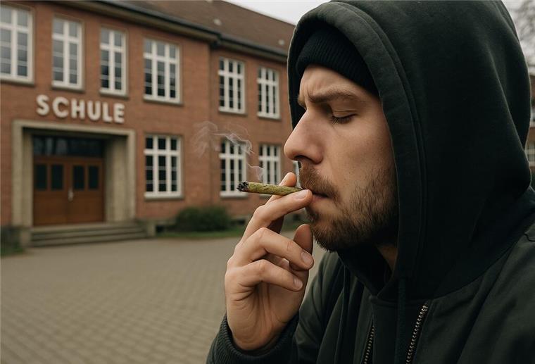 Ein Mann zieht an einer selbstgedrehten Zigarette, die Cannabis enthalten könnte. Im Hintergrund ist eine Schule zu sehen.