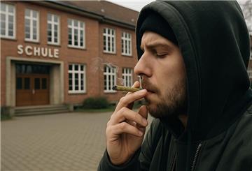 Ein Mann zieht an einer selbstgedrehten Zigarette, die Cannabis enthalten könnte. Im Hintergrund ist eine Schule zu sehen.