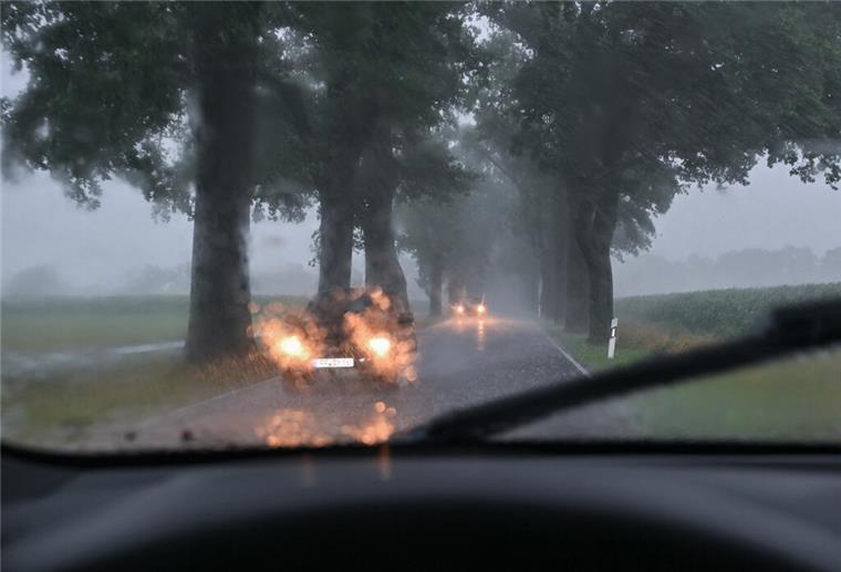 Sommer auf der Straße: Sicher bleiben auch bei Extremwetter Heftige Regenfälle behindern der Verkehr auf einer Allee im Landkreis Oder-Spree im östlichen Brandenburg.