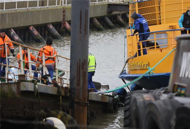 Bergungsaktion an der Alten Liebe in Cuxhaven: Ponton gesunken Zuerst wurde die Gangway geborgen, dann der Ponton angehoben und gesichert.