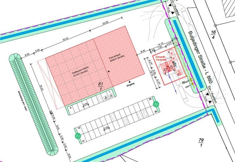 Butjadingen: Neuer Raiffeisenmarkt in Burhave soll 2023 eröffnet werden Zur Butjadinger Straße hin die Tankstelle, dahinter der neue Raiffeisenmarkt: Diese Grafik lässt erahnen, was die Raiffeisen-Warengenossenschaft in Burhave plant.