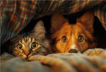 Hund und Katze unter einer Decke. 