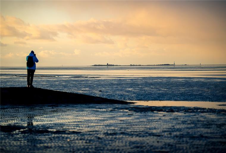 Neue Watt-Route sichert Verbindung zwischen Neuwerk und Cuxhaven Ein Spaziergänger steht im Watt vor Cuxhaven und fotografiert die Insel Neuwerk.